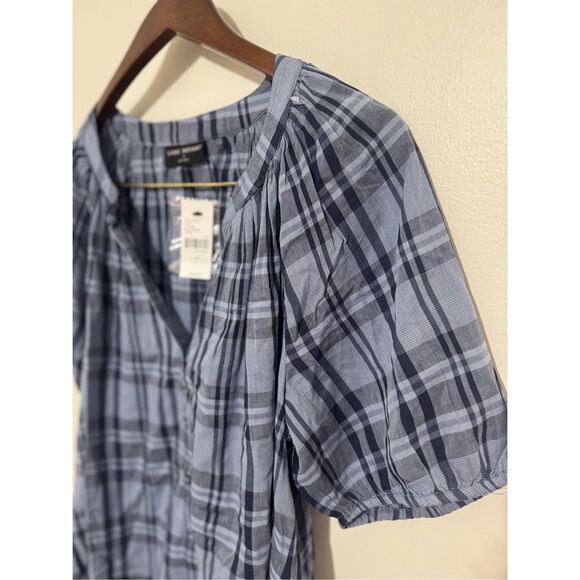 NWT Lane Bryant Puff Sleeve Button Down Blue Plaid Size 12 Blouse - Picture 3 of 8